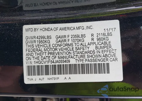 2018 Honda Accord Ex-L from USA, damaged, VIN 1HGCV1F54JA055409